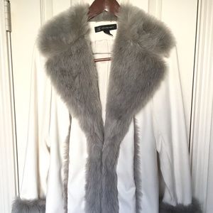 INC Silver Faux Fur Trim White Coat size S